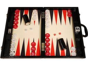 Set di backgammon da torneo Wycliffe Brothers Pelle di coccodrillo nera con campo crema (punte nere) - Gen III