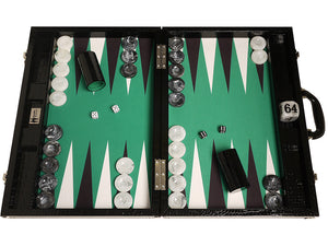 Set di backgammon da torneo Wycliffe Brothers Pelle di coccodrillo nera con campo verde - Gen III