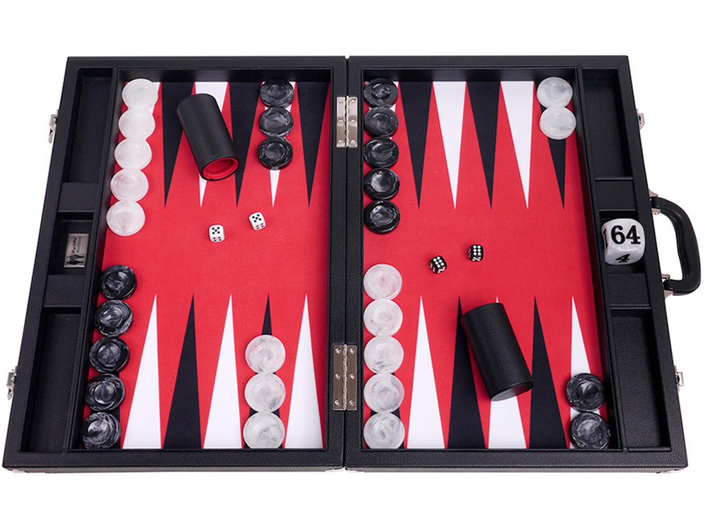 21" Professional Tournament Backgammon Set, Wycliffe Brothers - Black Case, Red Field - Masters Edition - American-Wholesaler Inc.