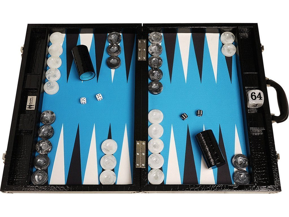21" Tournament Backgammon Set, Wycliffe Brothers - Black Croco Case, Blue Field - Gen III - American-Wholesaler Inc.