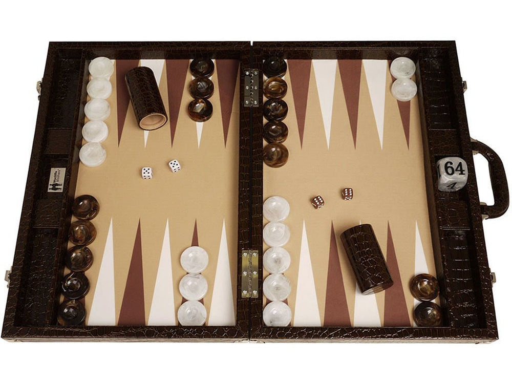 21-inch Professional Tournament Backgammon Set, Wycliffe Brothers - Brown Croco Board, Beige Field - Gen III - EUR - American-Wholesaler Inc.